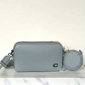 Coach Charter Slim Crossbody Bag CC070 Gray Pebbled Leather w/ Round Pouch